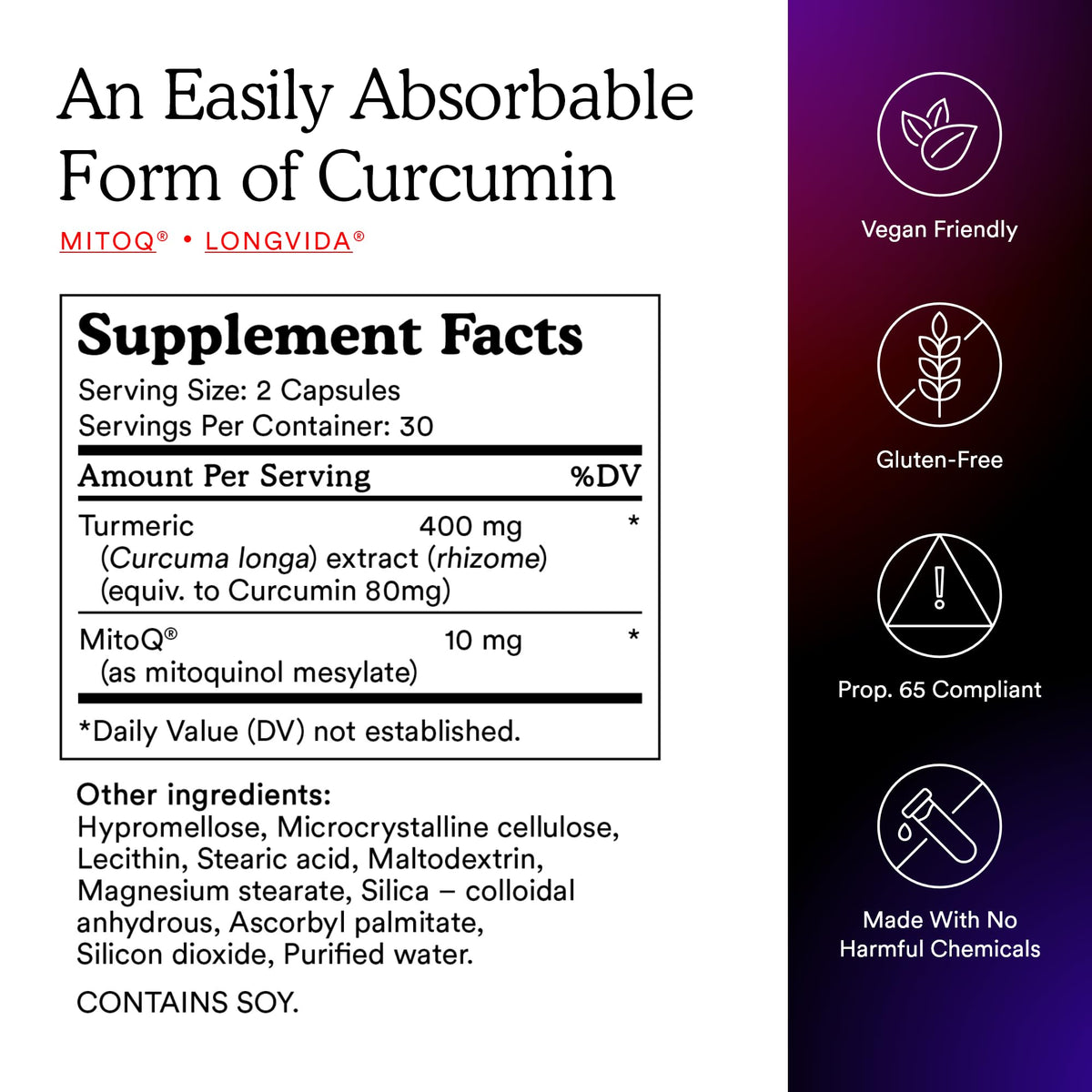 MitoQ Curcumin Longvida capsules à côté d'un verre d'eau
