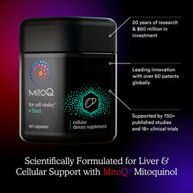 MitoQ +Liver complément pour le foie 60 capsules sur une table en bois