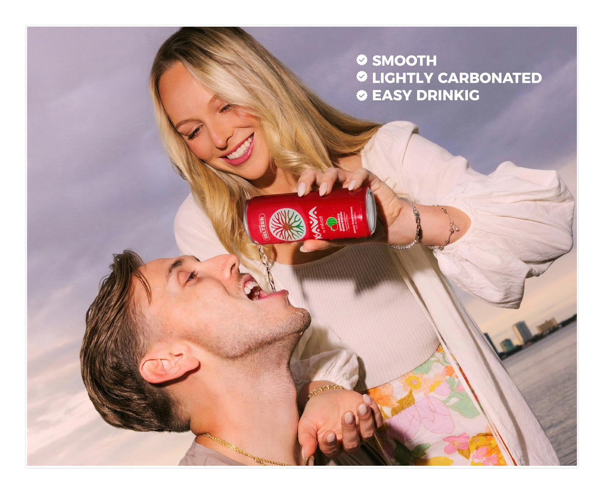 Mitra9 Seltzer Kava Fraise Pastèque canette avec des fruits frais