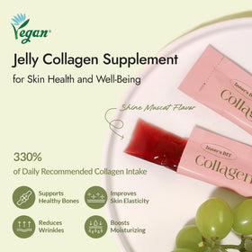 MIZON Collagen Jelly Vegan 3300g sur une table avec une tasse de thé