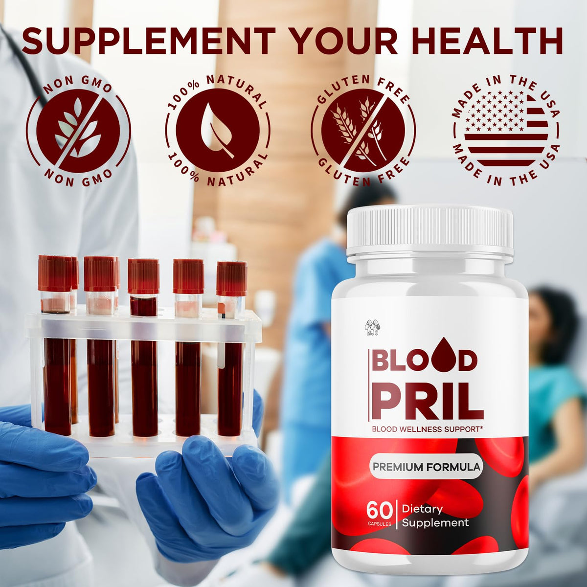 MJO BloodPril Capsules sur une table avec des ingrédients naturels en arrière-plan
