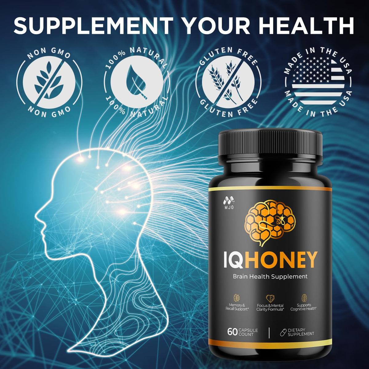 MJO Capsules de Miel IQ avec une main tenant le flacon