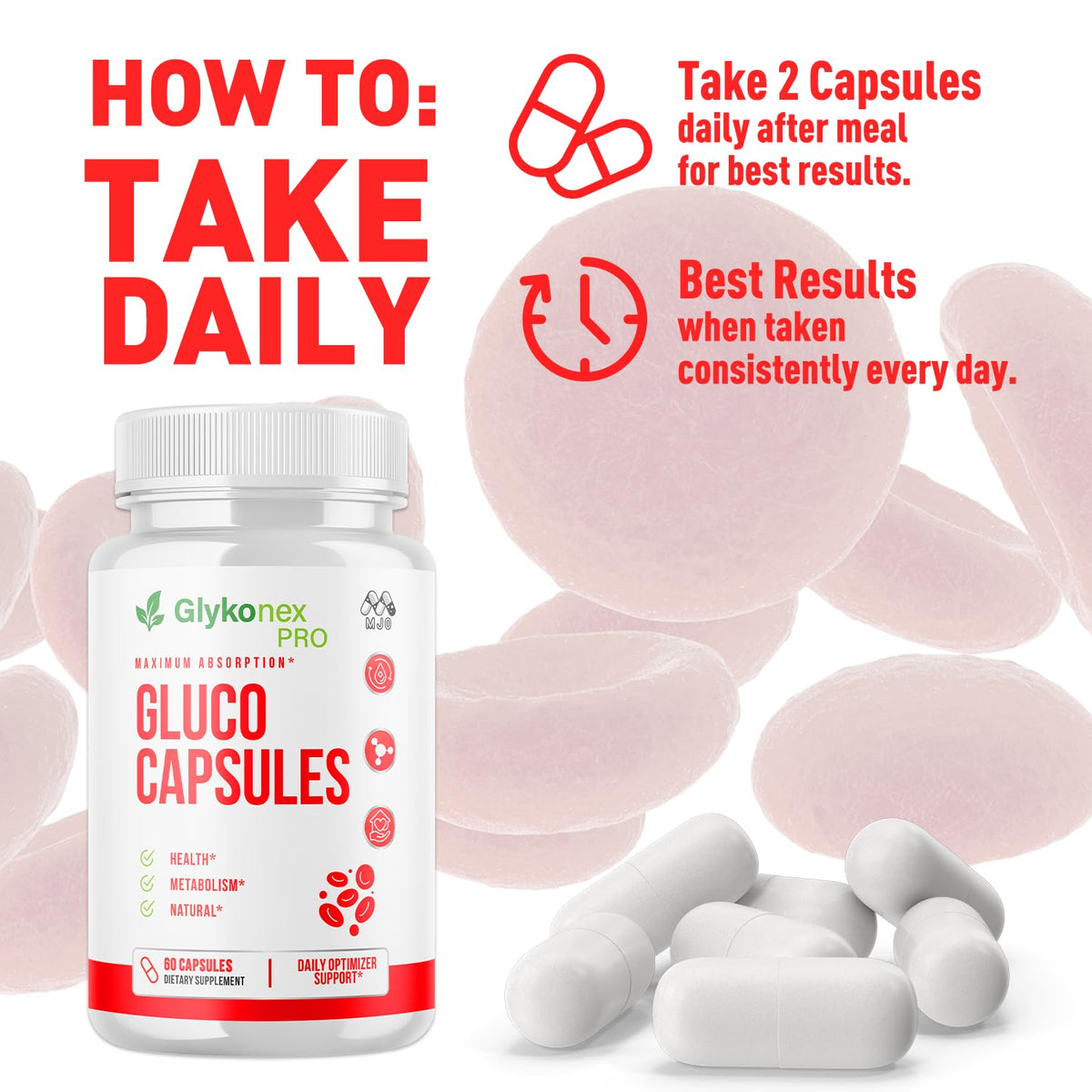 MJO Capsules Gluco 180 Capsules, capsules sur une surface blanche