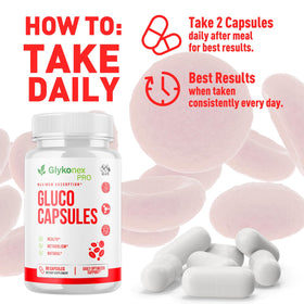 MJO Capsules Gluco 180 Capsules, capsules sur une surface blanche