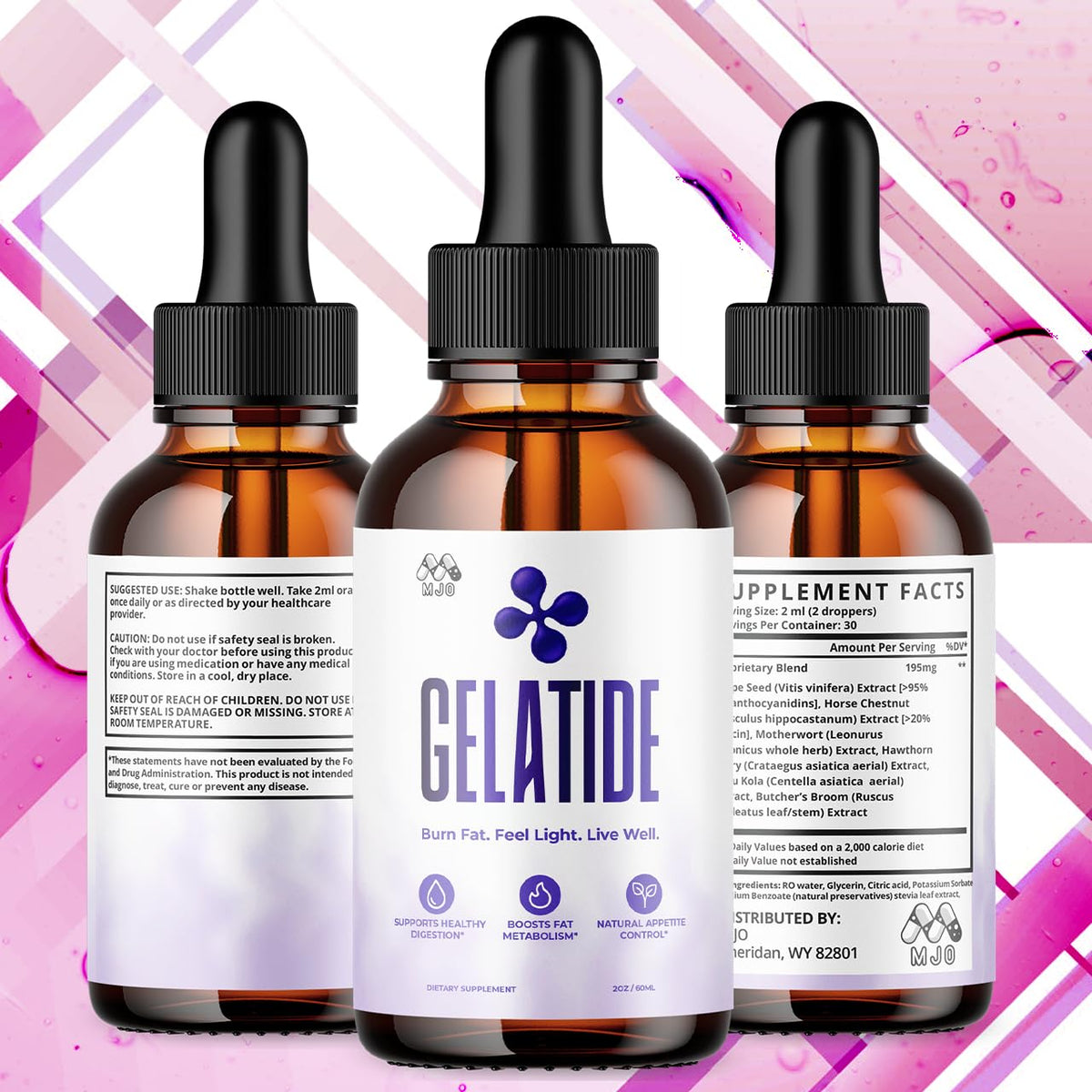 MJO Gelatide Drops bouteille vue arrière avec informations nutritionnelles