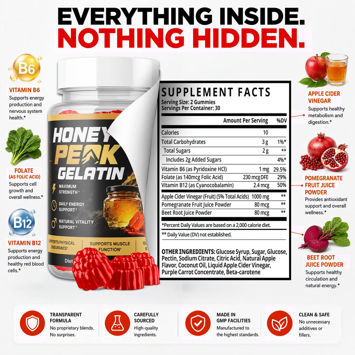 MJO Gelées de Gélatine Honey Peak 300 Gummies - Détails des ingrédients