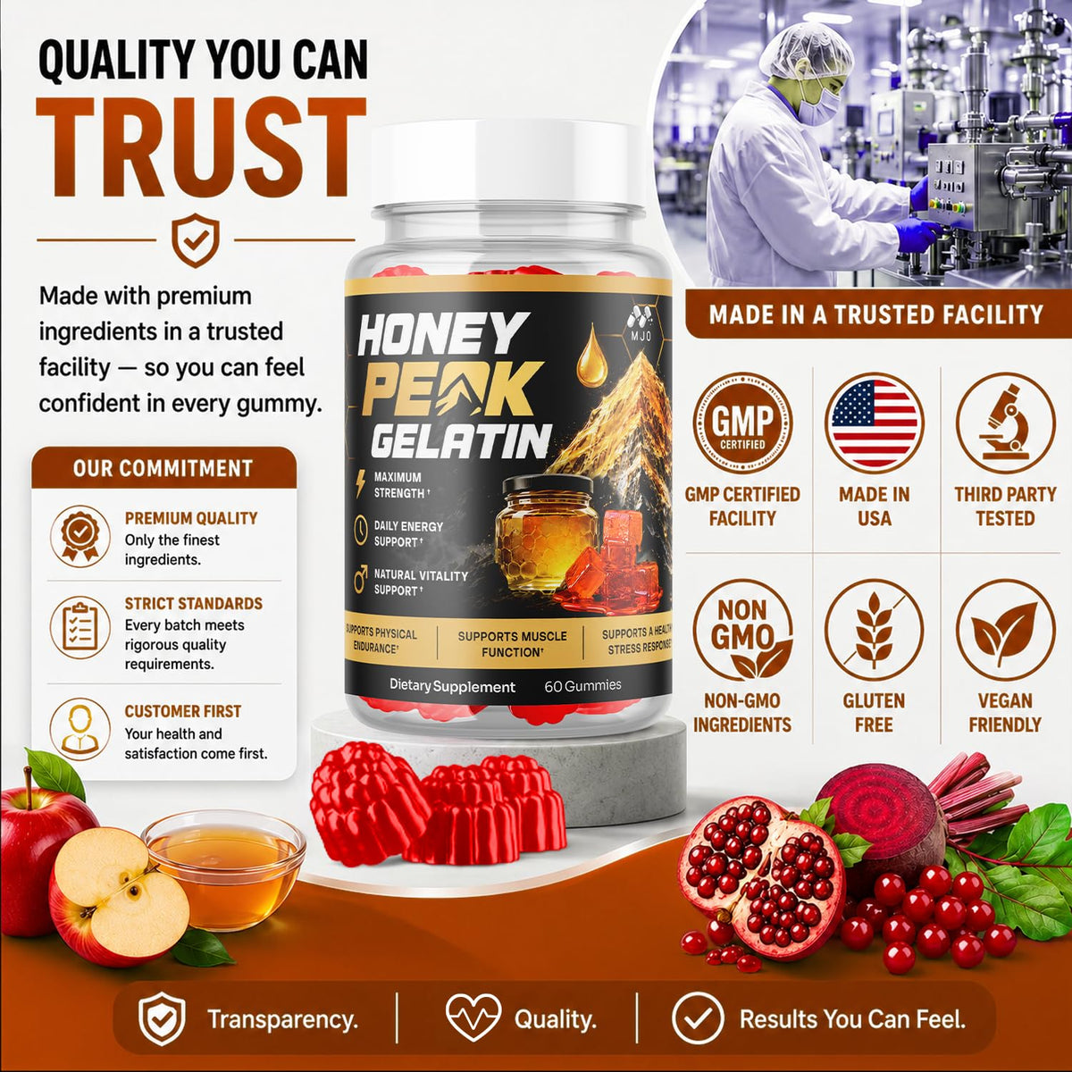 MJO Gelées de Gélatine Honey Peak 300 Gummies - Gélées sur une table