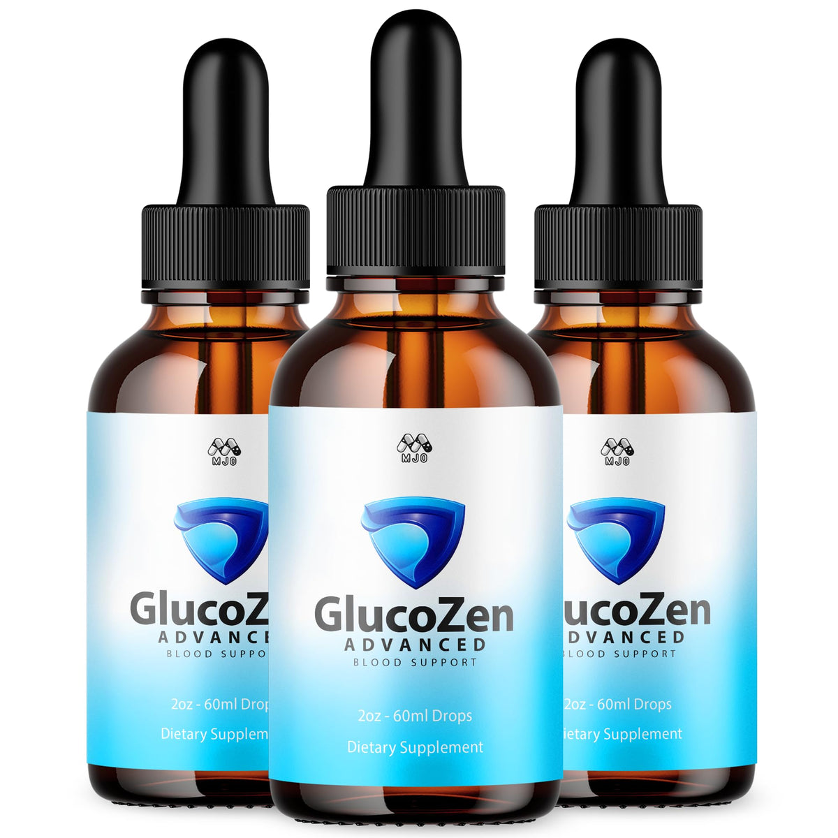 MJO Glucozen Drops flacon avant avec étiquette détaillant les ingrédients
