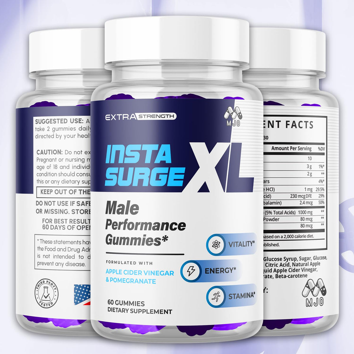 MJO Insta Surge XL Gummies pot ouvert montrant des gummies