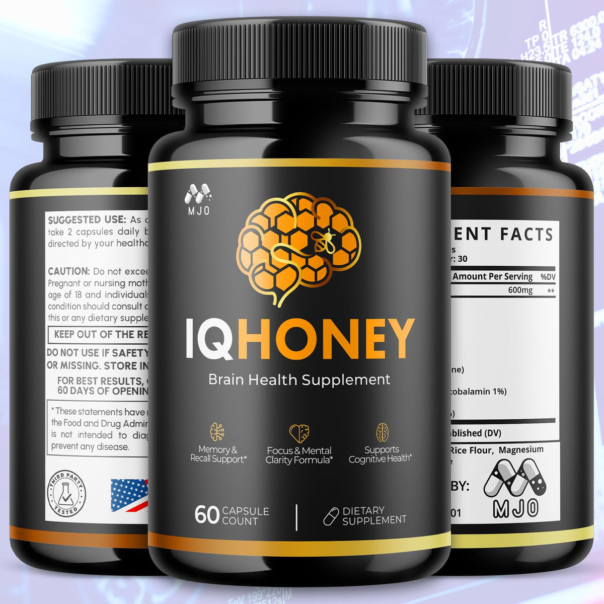 MJO IQ Honey Capsules flacon avec étiquette visible