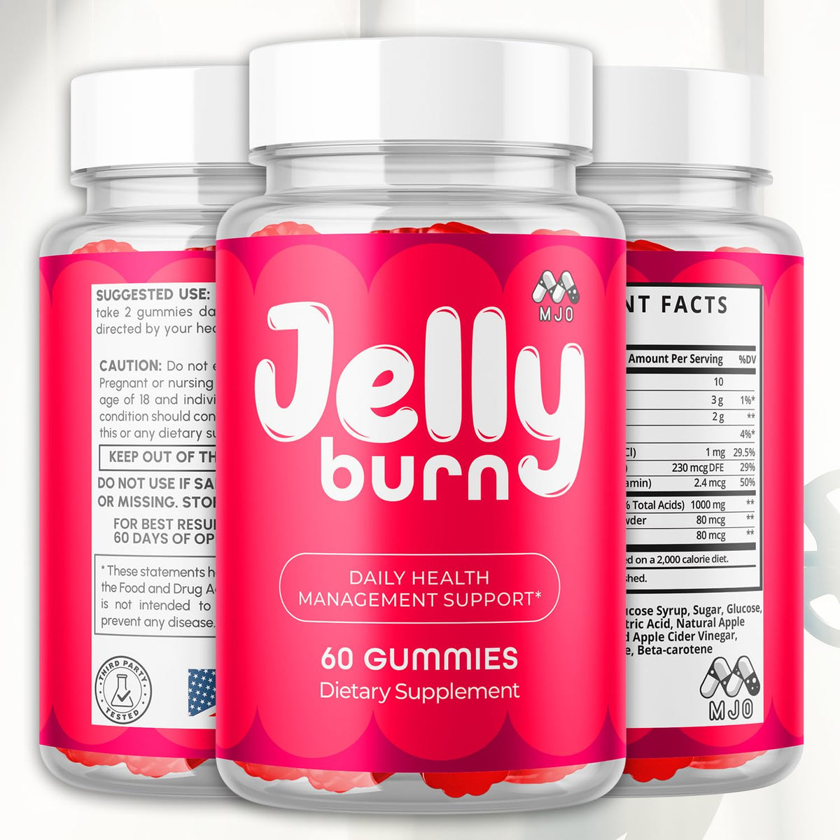 MJO Jelly Burn Gummies avec gummies à l'extérieur de la bouteille