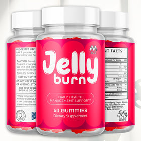 MJO Jelly Burn Gummies avec gummies à l'extérieur de la bouteille