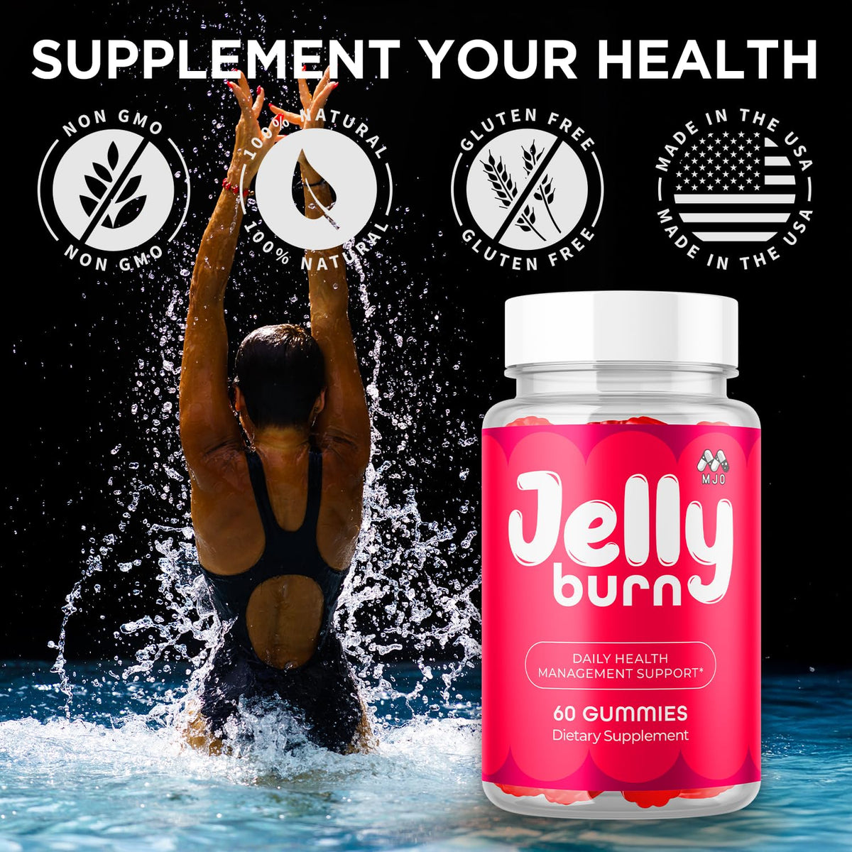 MJO Jelly Burn Gummies bouteille ouverte avec gummies à l'intérieur
