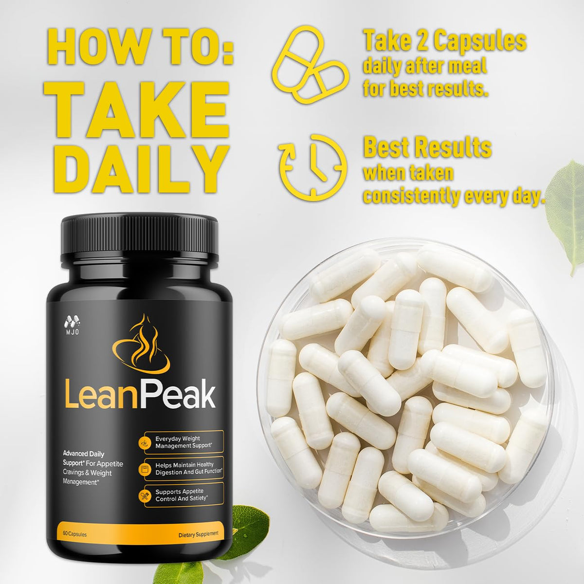 MJO Lean Peak Capsules 300 sur une table avec des aliments sains