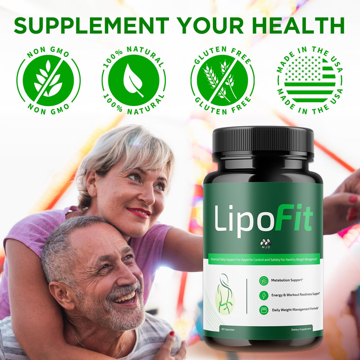 MJO Lipo Fit Capsules sur une table avec un verre d'eau