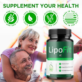 MJO Lipo Fit Capsules sur une table avec un verre d'eau