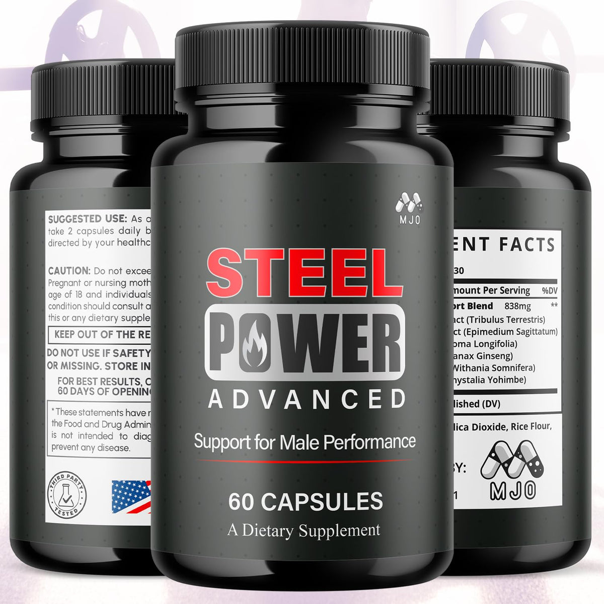 MJO Steel Power 60 Capsules flacon ouvert avec capsules visibles