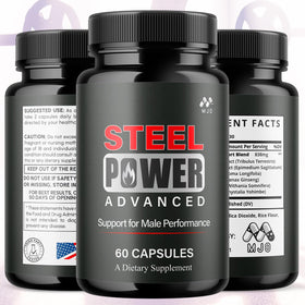 MJO Steel Power 60 Capsules flacon ouvert avec capsules visibles