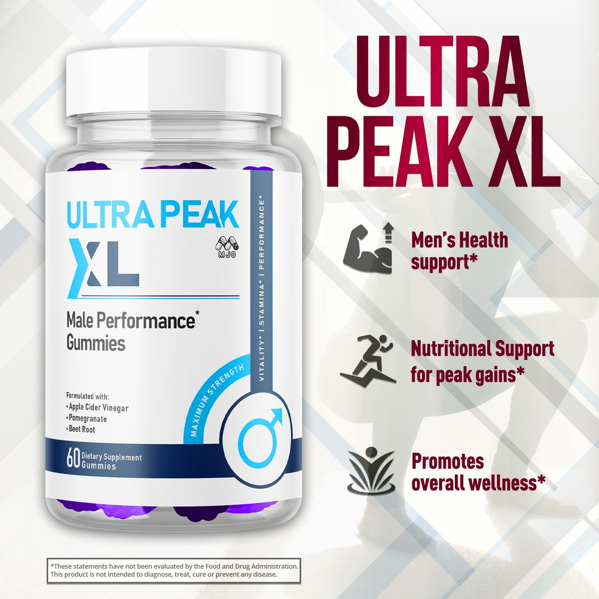 MJO Ultra Peak XL Gummies 60 Gummies avec des fruits en arrière-plan