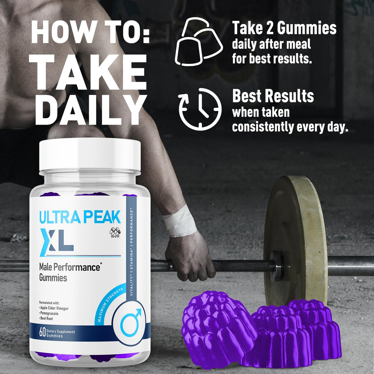 MJO Ultra Peak XL Gummies 60 Gummies ouvertes avec quelques gummies visibles