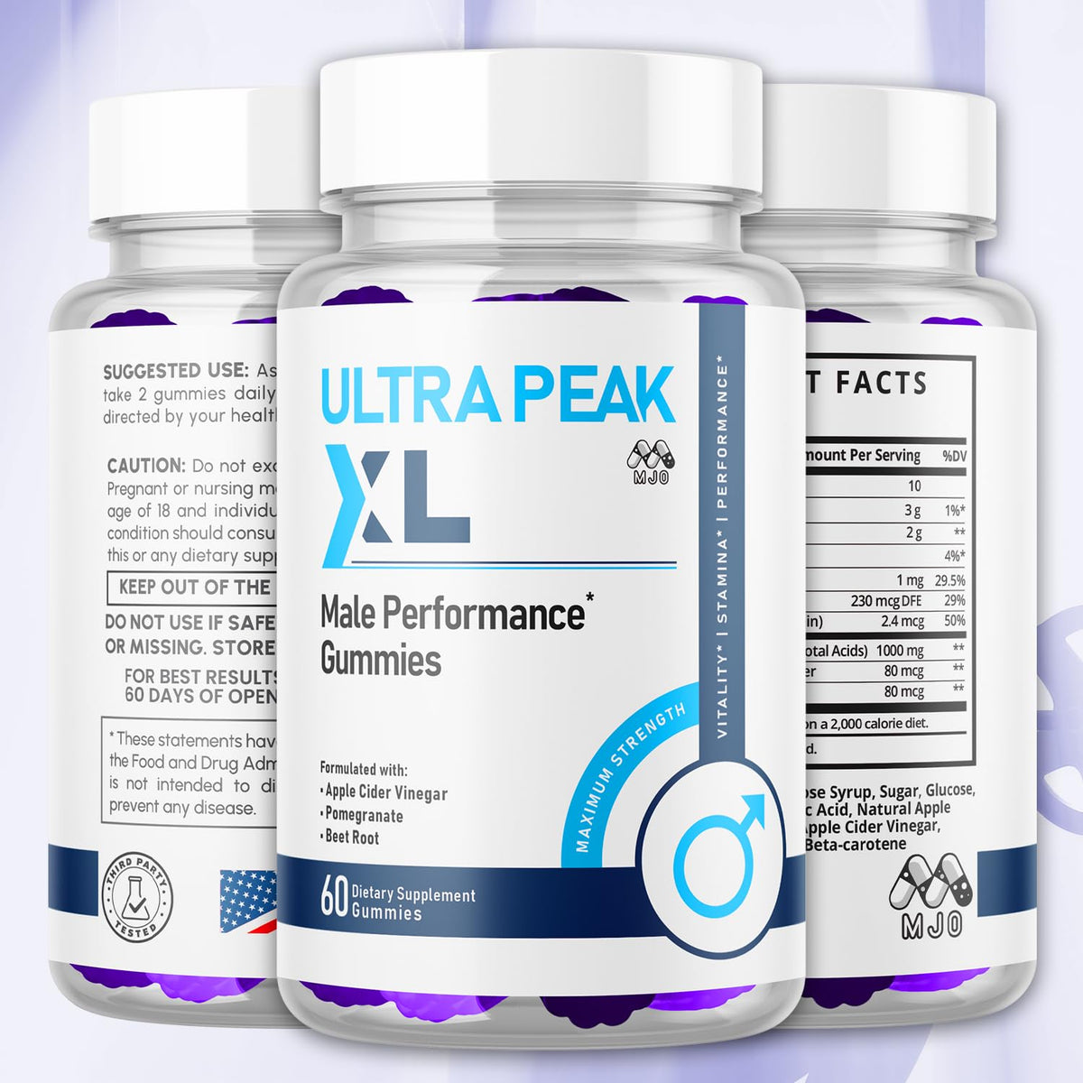 MJO Ultra Peak XL Gummies 60 Gummies vue arrière avec ingrédients