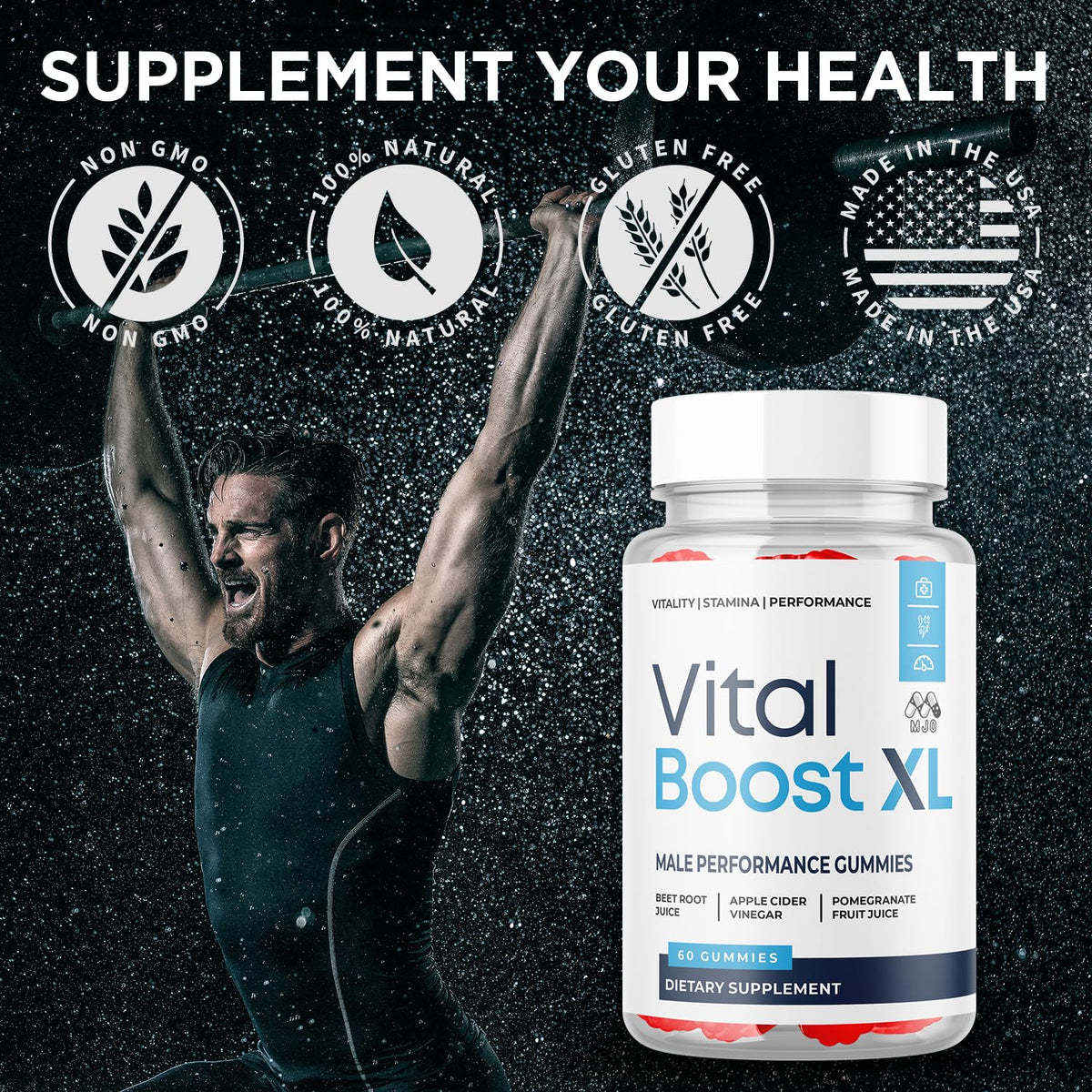 MJO Vital support XL Gummies pot et gélules en gros plan