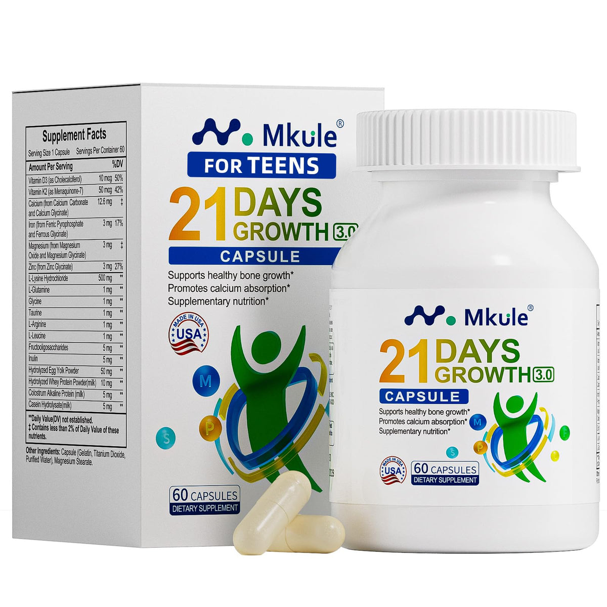 Mkule Complément Alimentaire Croissance Taille 60 Capsules - vue de face