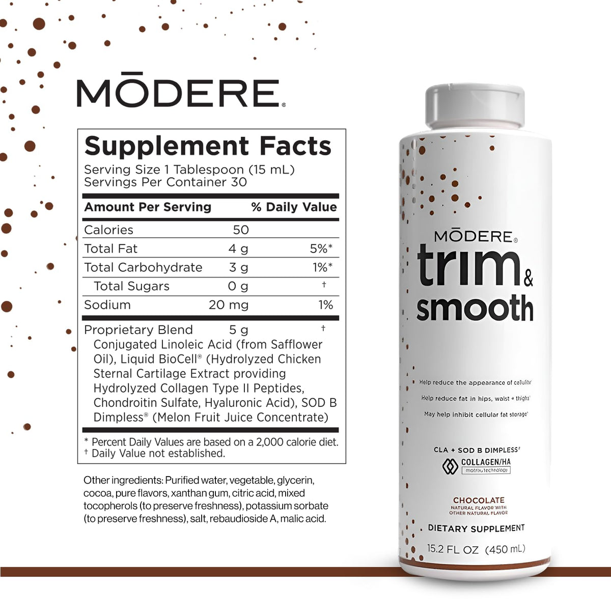 Modere Trim & Smooth Chocolat bouteille ouverte avec liquide à l'intérieur