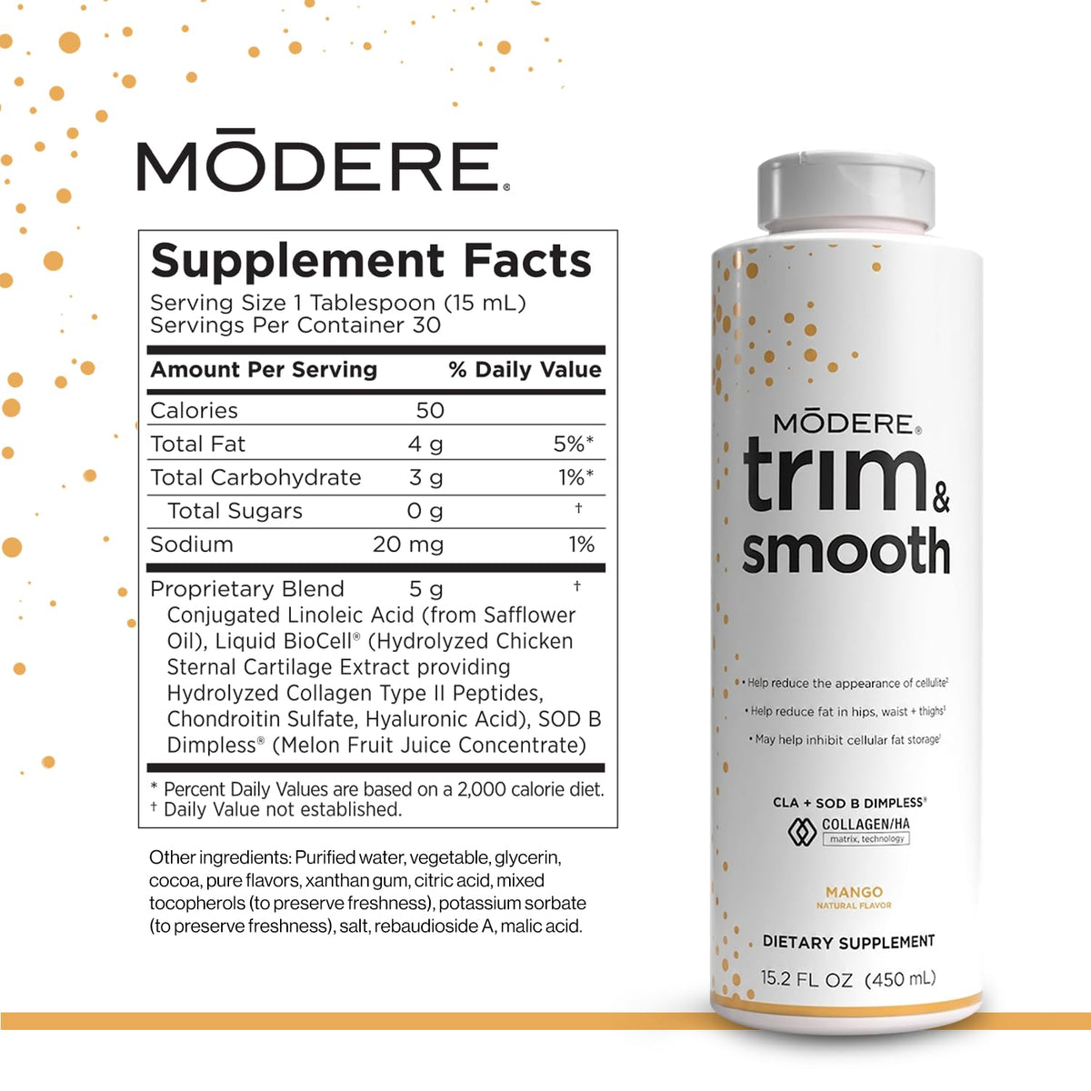 Modere Trim & Smooth Mango 450 ml bouteille ouverte avec cuillère