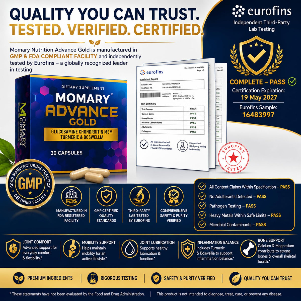 MOMARY NUTRITION Advance Gold Complément Alimentaire Articulaire avec ingrédients naturels