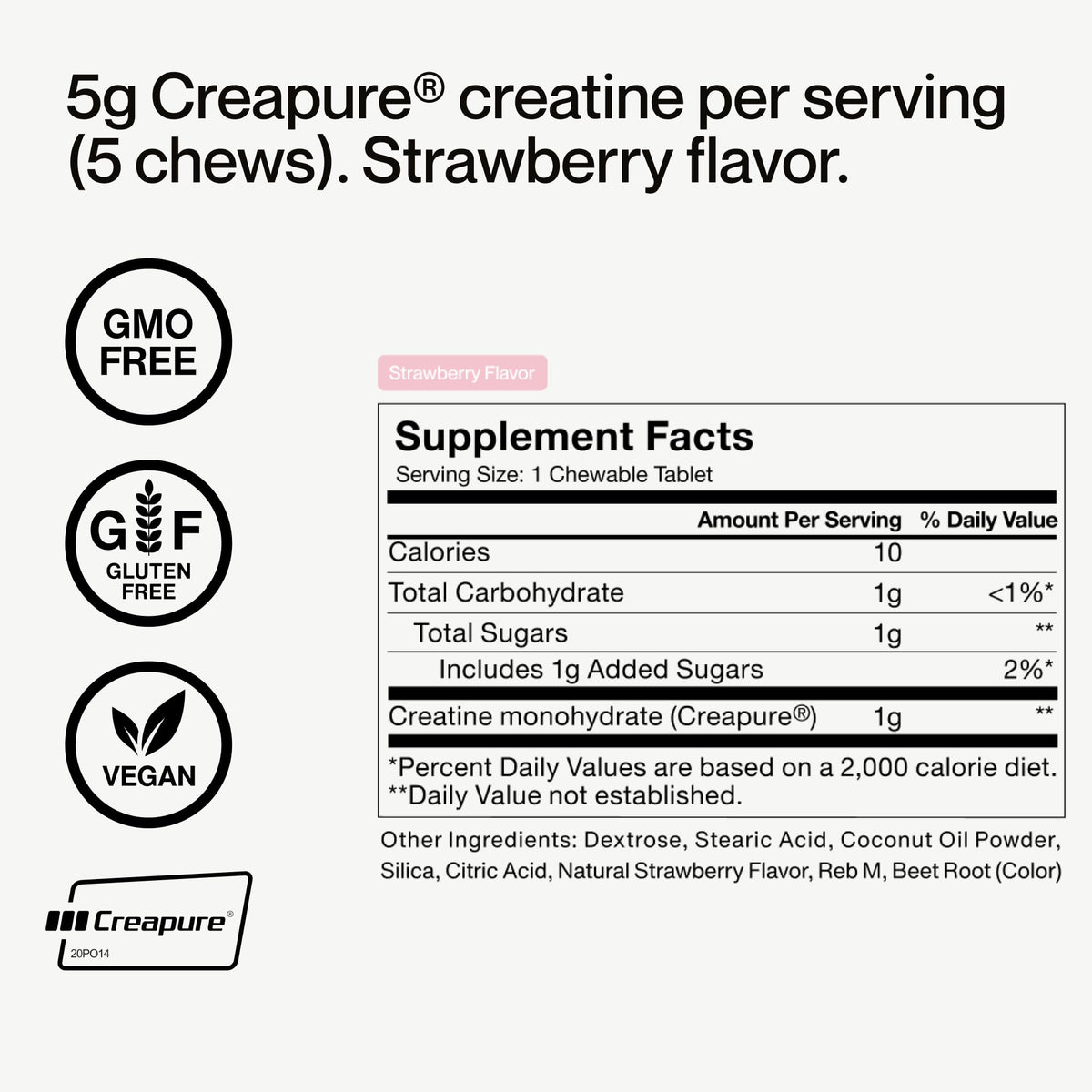 Momentous Chews de Créatine Monohydrate saveur fraise, détail des ingrédients