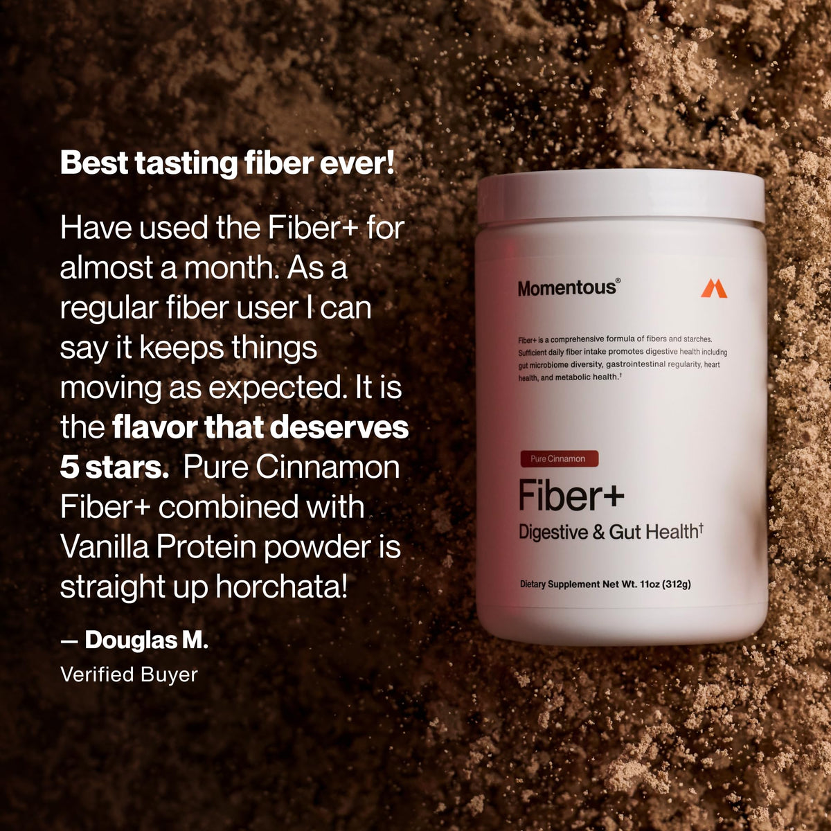 Momentous Fiber+ Poudre de Psyllium 381g avec ingrédients affichés