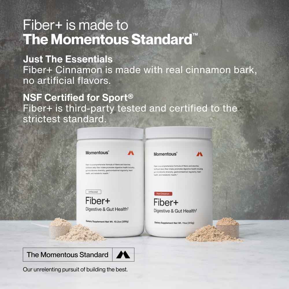 Momentous Fiber+ Poudre de Psyllium 381g sur une table de cuisine