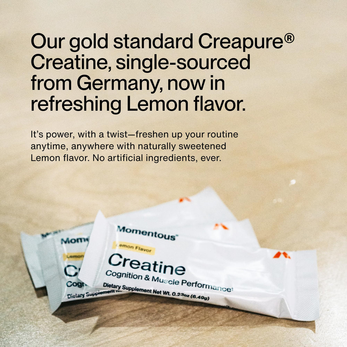 Momentous Poudre de Créatine Monohydrate au Citron, sachet ouvert