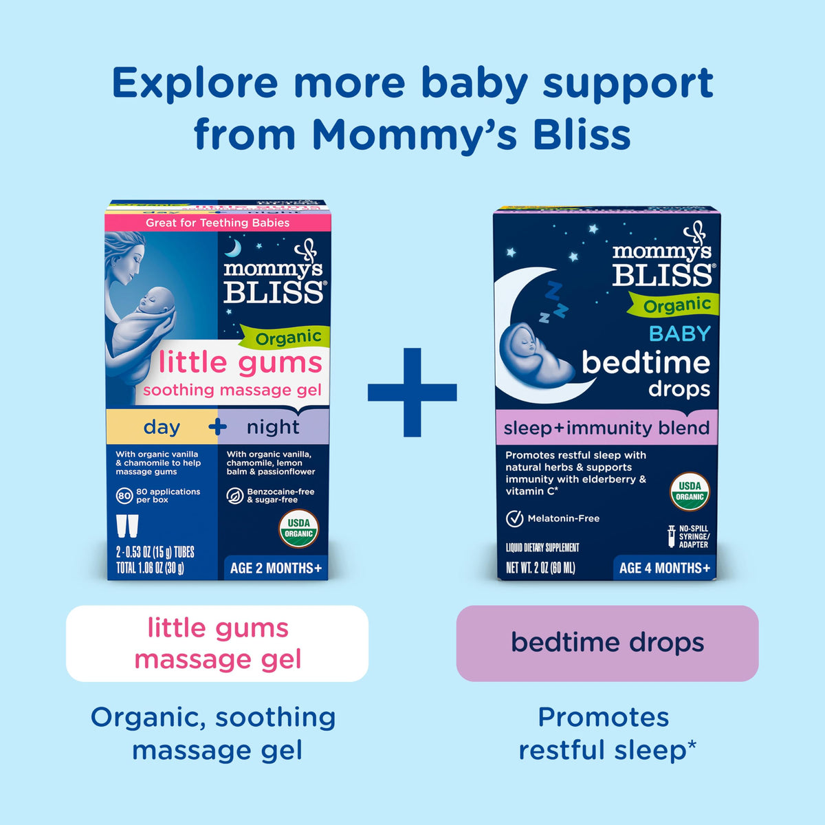 Mommy's Bliss Probiotiques pour Bébé sur une table avec d'autres produits pour bébés