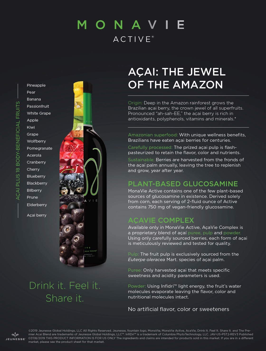 Monavie Active avec des fruits en arrière-plan.