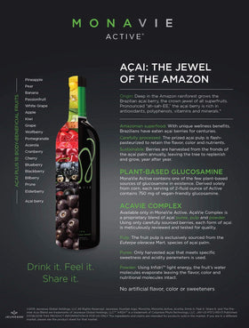Monavie Active avec des fruits en arrière-plan.