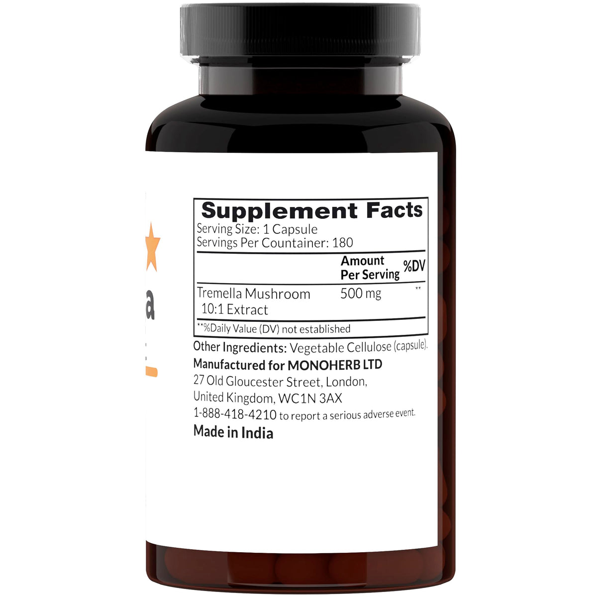 MONOHERB Extrait de Champignon Tremella 500 mg 180 Capsules, vue des capsules