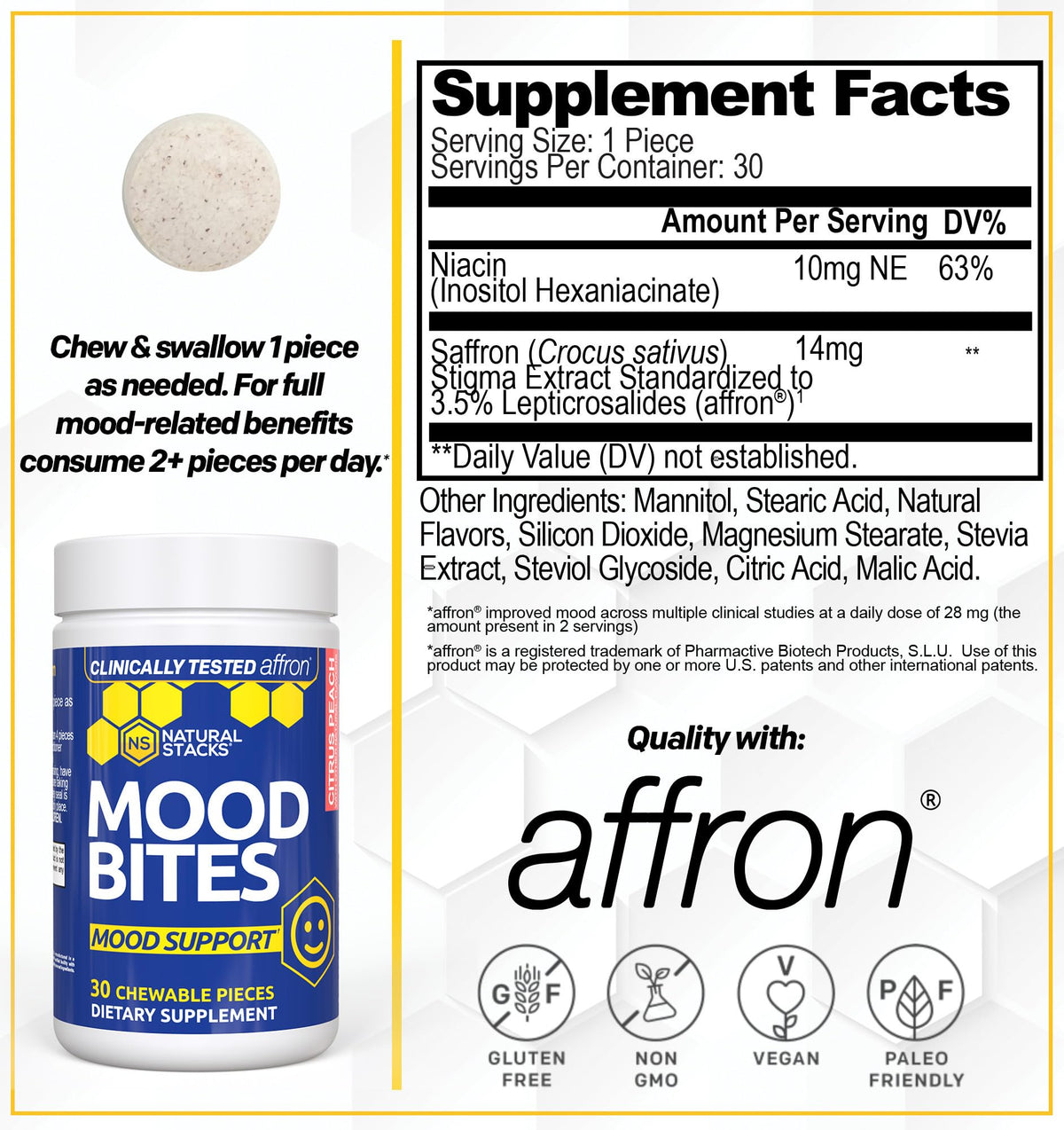 Mood Bites Saffran Complément Alimentaire 30 Chewables boîte ouverte