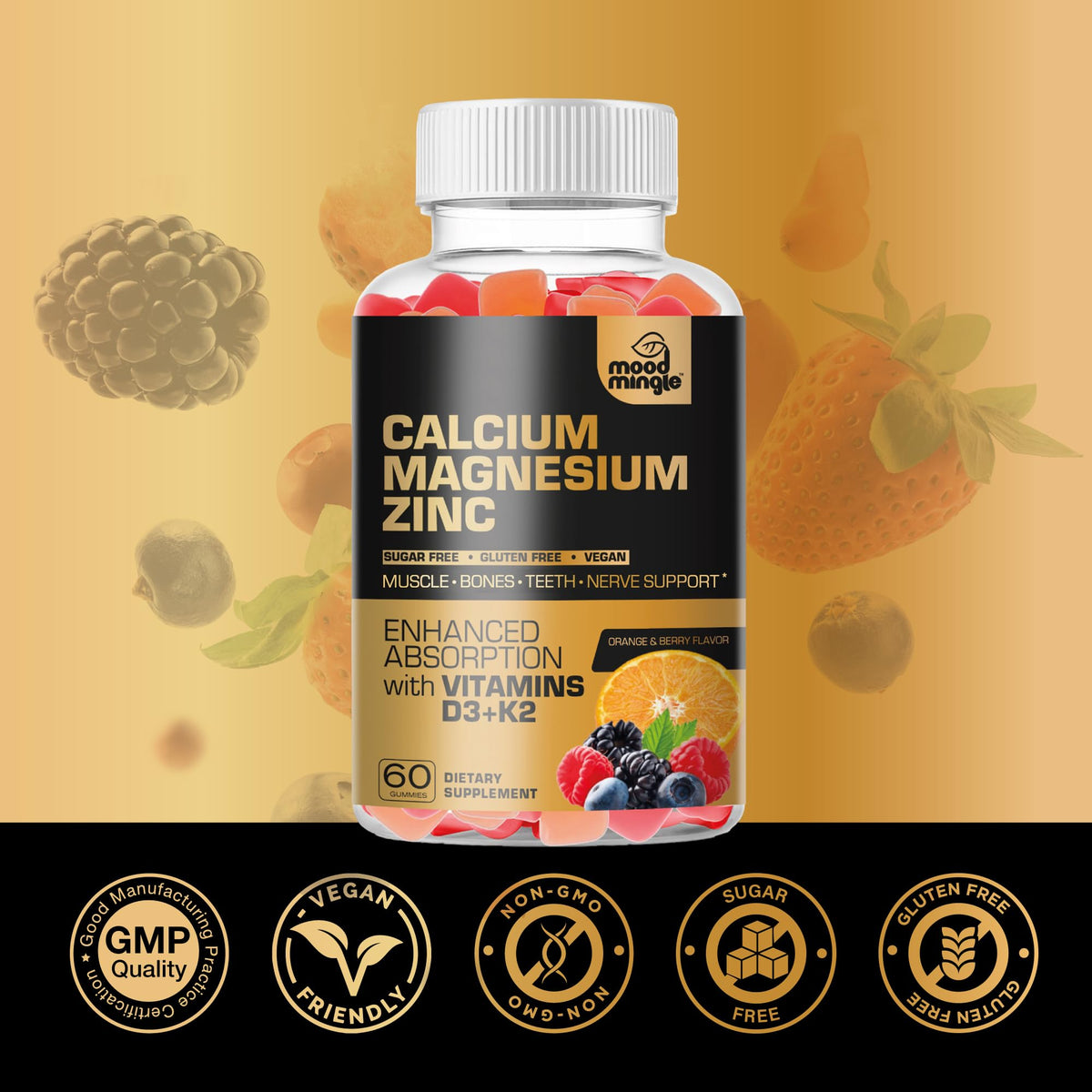 Mood Mingle Gummies Calcium avec des fruits frais en arrière-plan