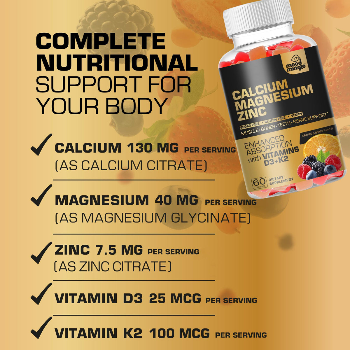Mood Mingle Gummies Calcium Magnésium Zinc sur un fond blanc