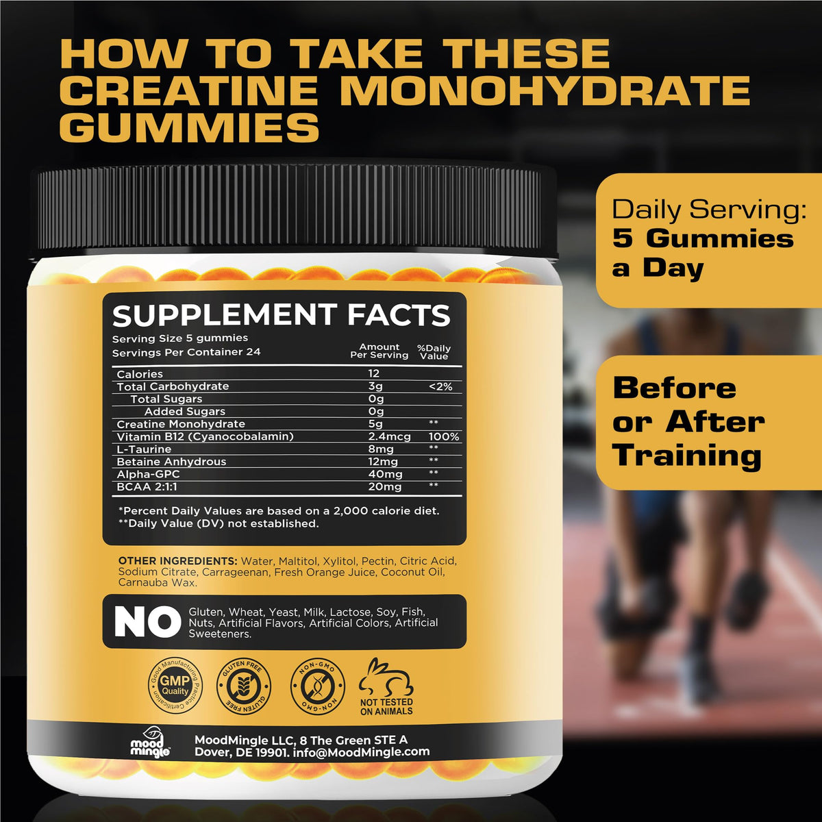 Mood Mingle Gummies de Créatine Monohydrate 5g, gummies sur une surface plane