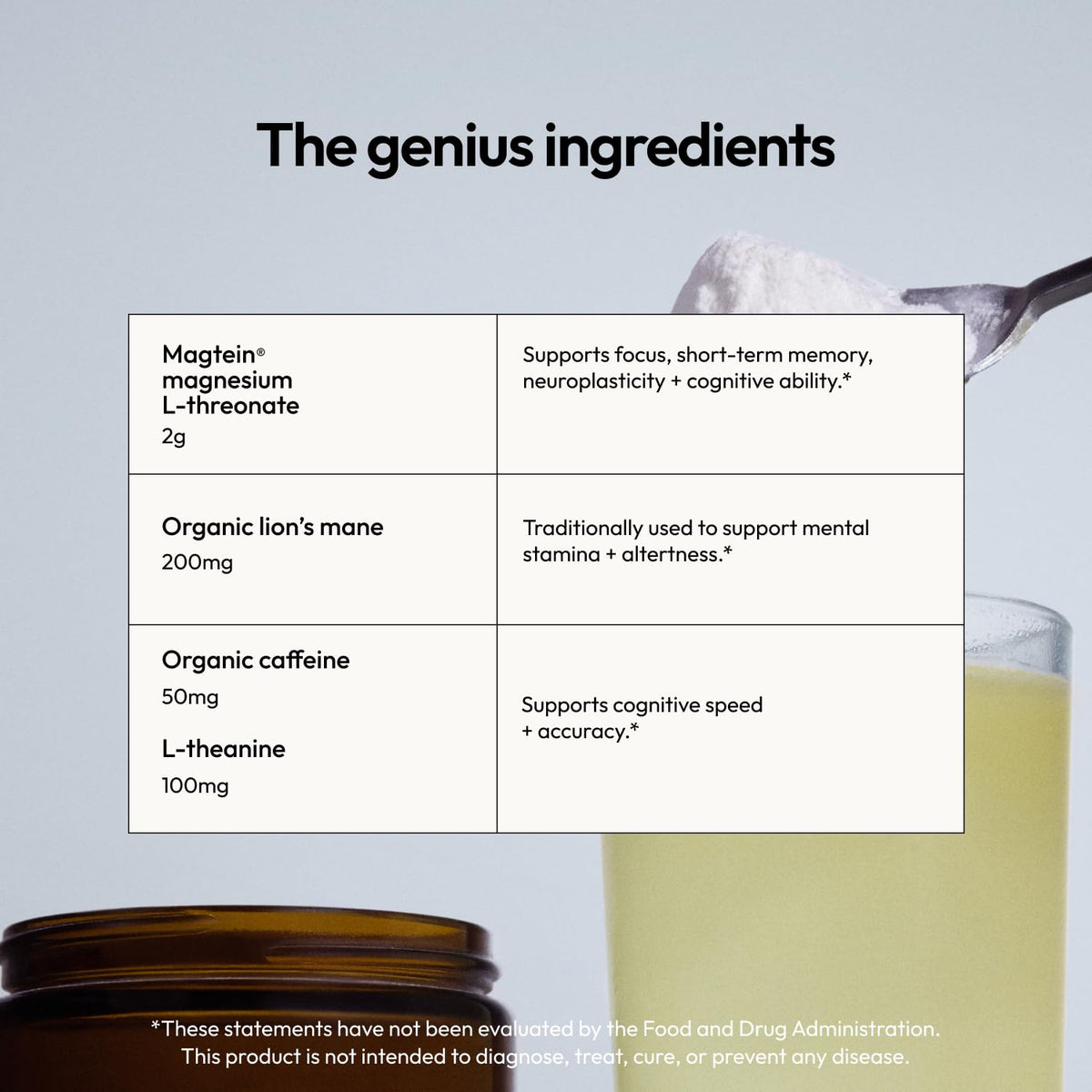 Moon Juice Neuro Magnesi-Om 299g sur une table avec des ingrédients naturels
