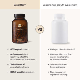 Moon Juice SuperHair avec des ingrédients naturels en arrière-plan