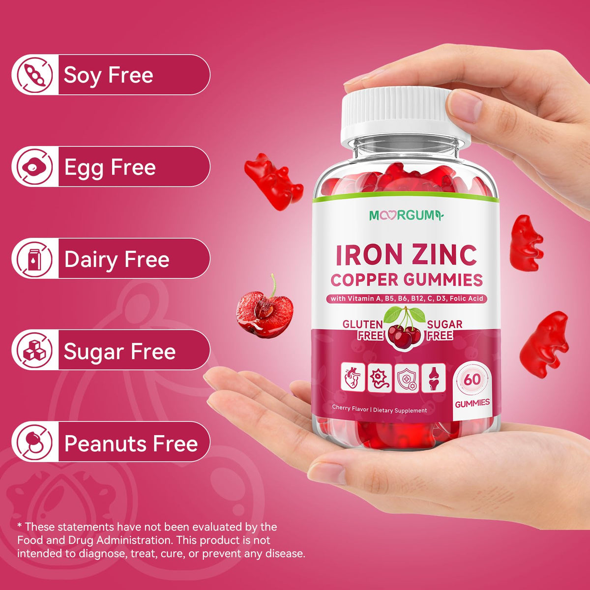MOORGUMY gummies minéraux cerise avec une bouteille d'eau