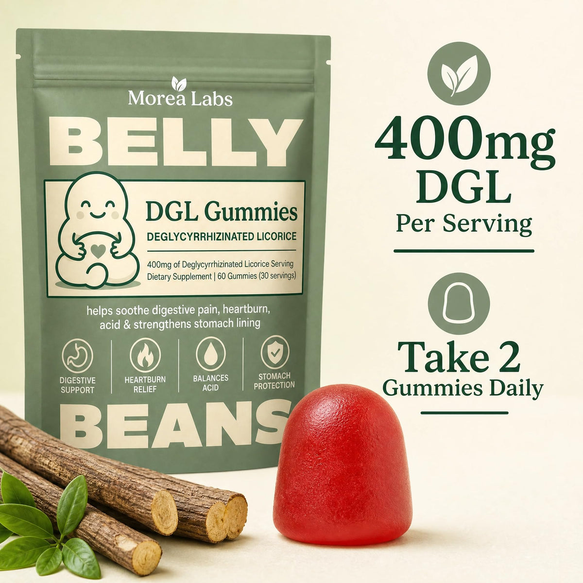 Morea Labs Gummies DGL 400mg Extrait de Réglisse, gummies sur une table