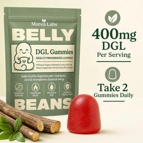 Morea Labs Gummies DGL 400mg Extrait de Réglisse, gummies sur une table