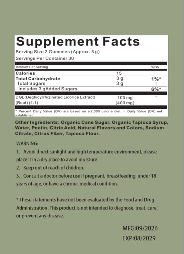 Morea Labs Gummies DGL 400mg Extrait de Réglisse, tableau des valeurs nutritionnelles