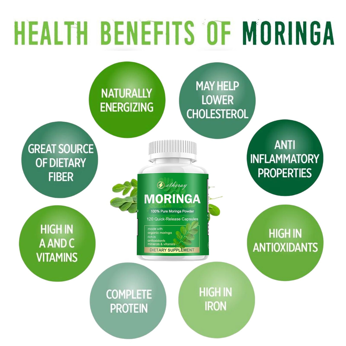 Moringa etheray capsules à côté d'un verre d'eau