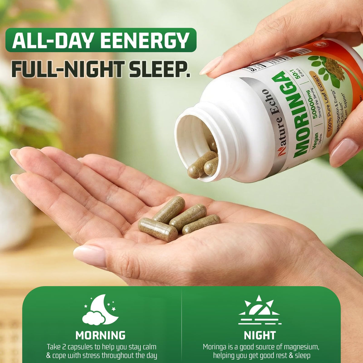 Moringa Nature Echo en capsules à côté d'un verre d'eau